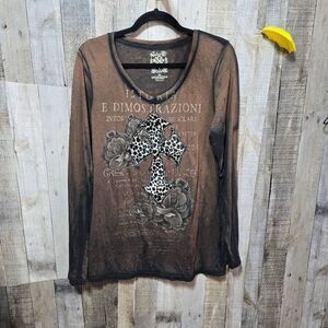 Velvet Stone Brown Graphic Cheetah Cross Tee Alternative Punk McBling